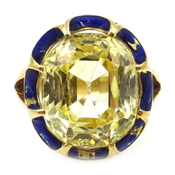  Yellow sapphire and blue enamel 18ct gold ring, Chester 1913  