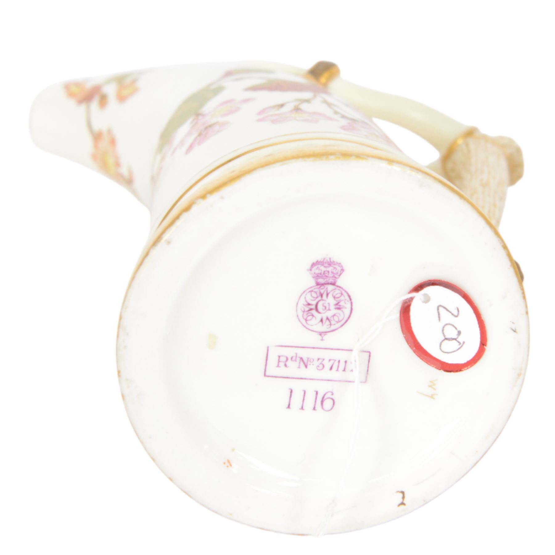 Four Royal Worcester tusk jugs of curved cylindrical form, the handle in the form of a gilded deer's antler, all decorated with floral sprigs, with puce marks beneath and numbered 1116, largest H29cm