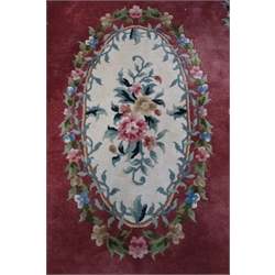  Chinese beige gorund rug, central medallion with red field and border, repeating floral and foliate pattern, 240cm x 150cm  