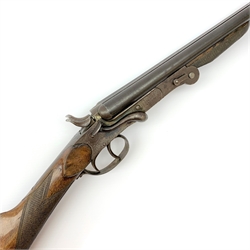 Belgian .410 side-by-side double barrel hammer shot gun with side lever operated folding 70cm barrels and walnut skeleton stock, No.498, L109cm overall SHOTGUN CERTIFICATE REQUIRED