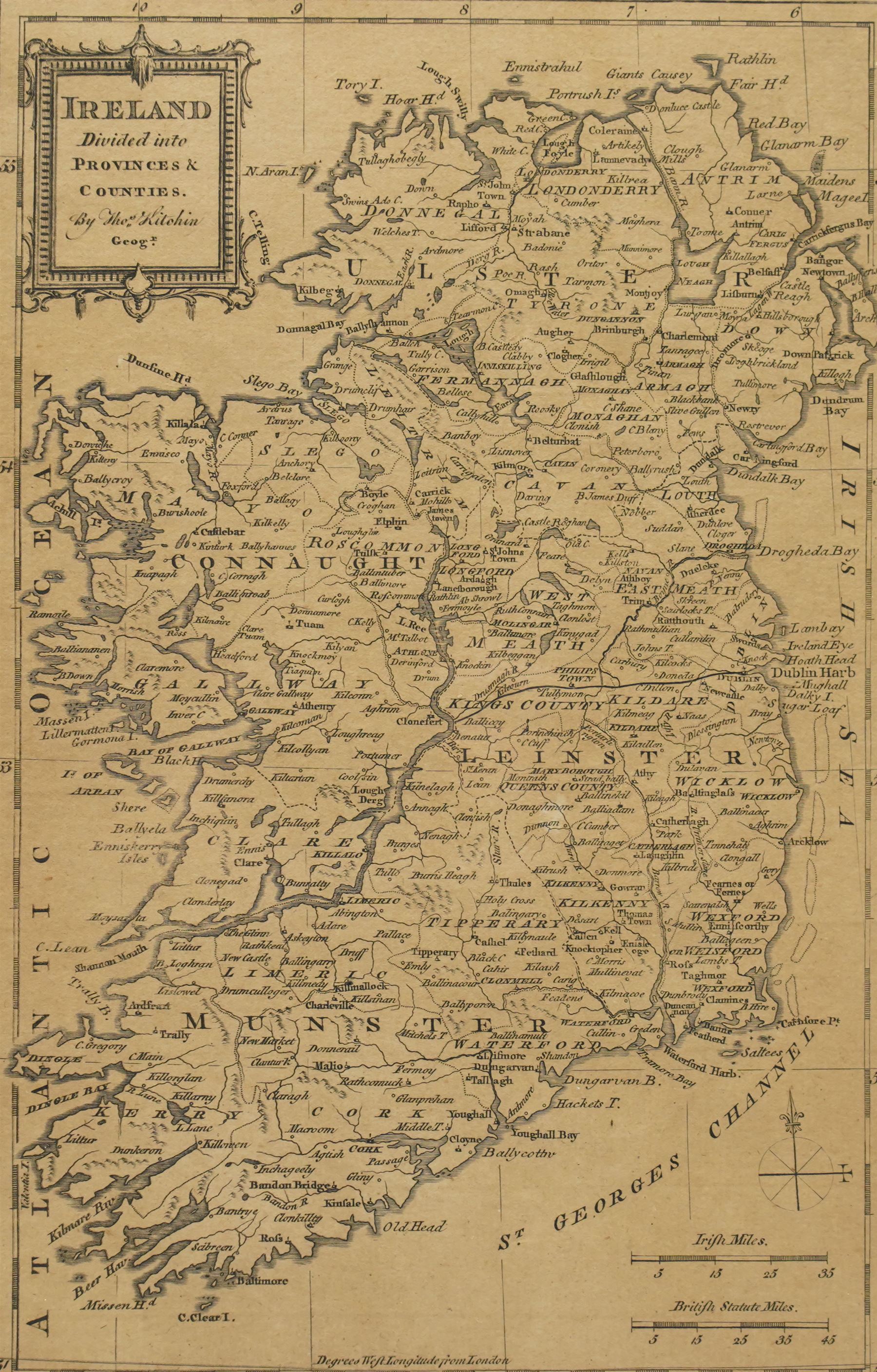 Thomas Kitchin (British 1719-1784): 'Ireland Divided into Provinces and Counties', 18th century engraved map 30cm x 20cm