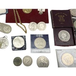 King George III 1817 halfcrown, Queen Victoria 1891 halfcrown, approximately 80 grams of Great British pre 1947 silver halfcrowns, commemorative crowns, pre-decimal pennies, World stamps in albums and loose, silver charm bracelet and other miscellaneous items 