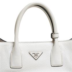 Prada - Vitello Daino shopping tote in Talco pebbled calf leather with contrasting black piping, the softly structured body with twin rolled handles, detachable and adjustable shoulder strap, zip fastening, silver-tone hardware and triangular Prada Milano logo plaque, with original product tag, authenticity card and dust bag