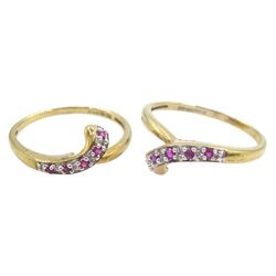 Two 9ct gold round ruby crossover rings, hallmarked