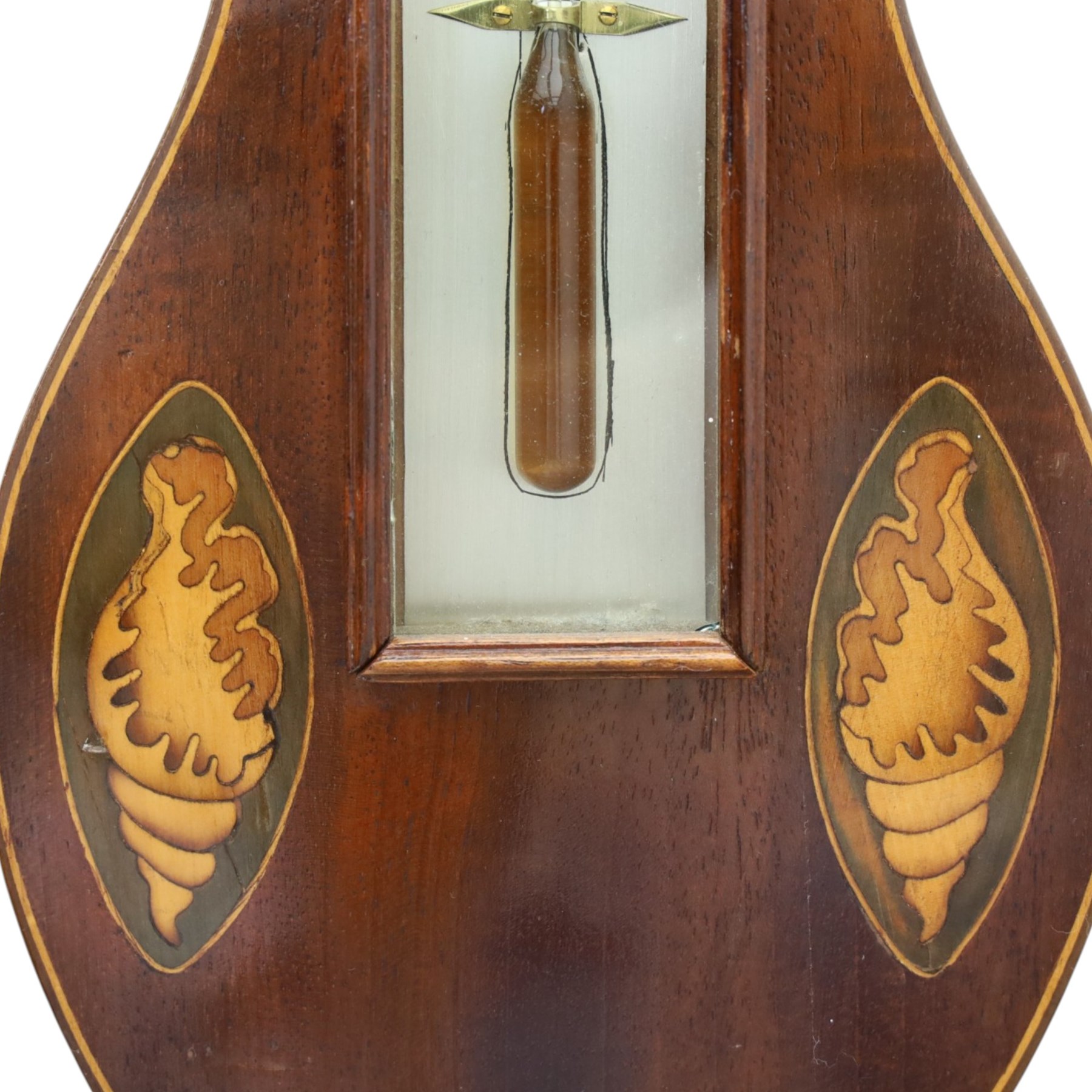 L. Solcha & Co. of Hull - 19th century Sheraton Revival mahogany wheel barometer, the swan neck pediment above a floral inlaid medallion and thermometer, with further shell inlay flanking the stem, the circular silvered dial above a shaped terminal, H 99cm