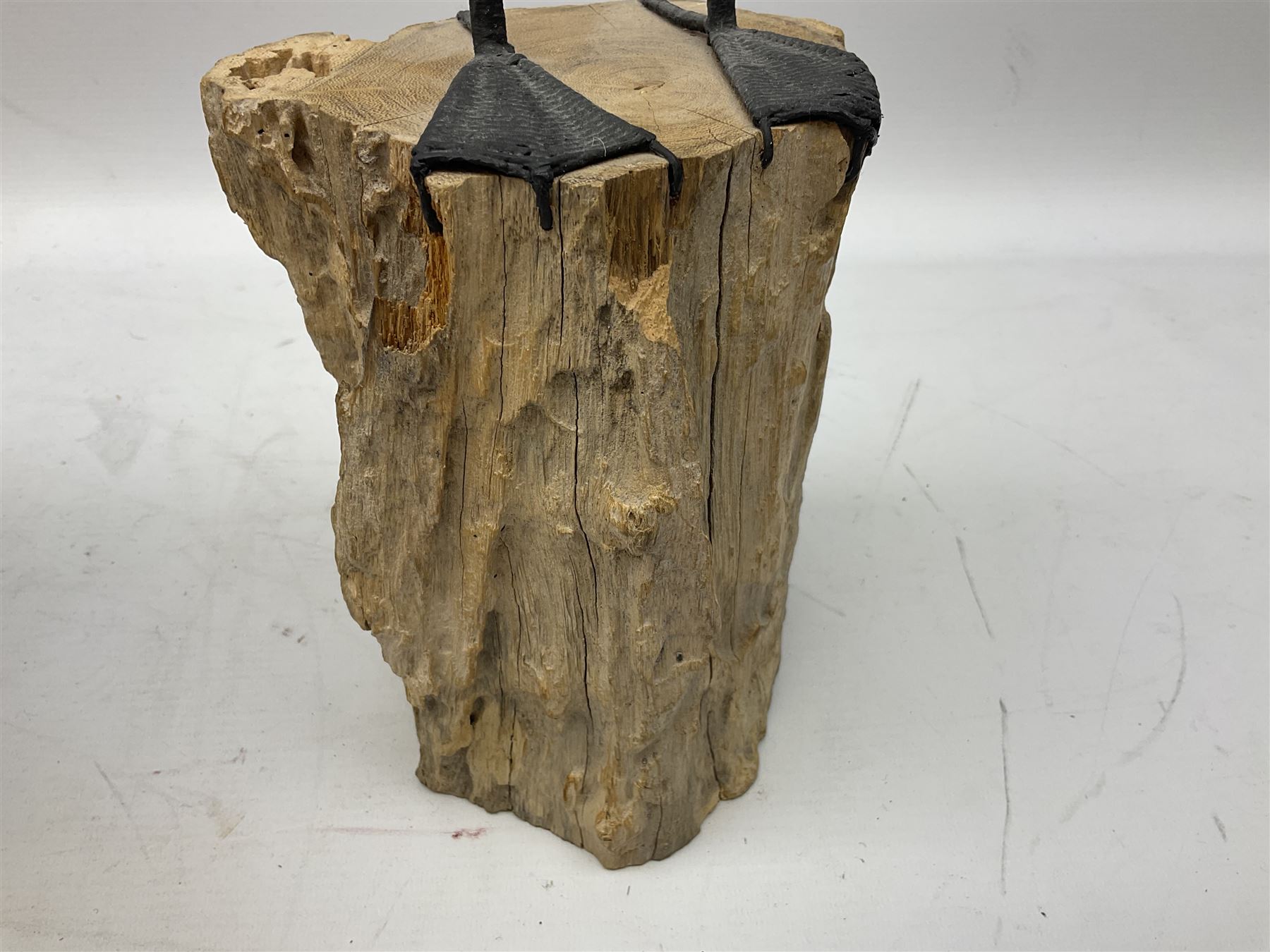Wooden sculpture of Cormorant aquatic bird on a naturalistic wooden plinth, H46cm