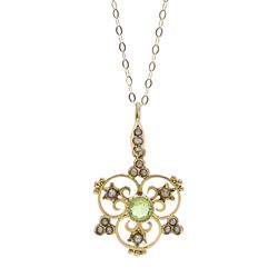 Edwardian gold peridot and seed pearl pendant, stamped 9ct, on later 9ct gold necklace, stamped 375