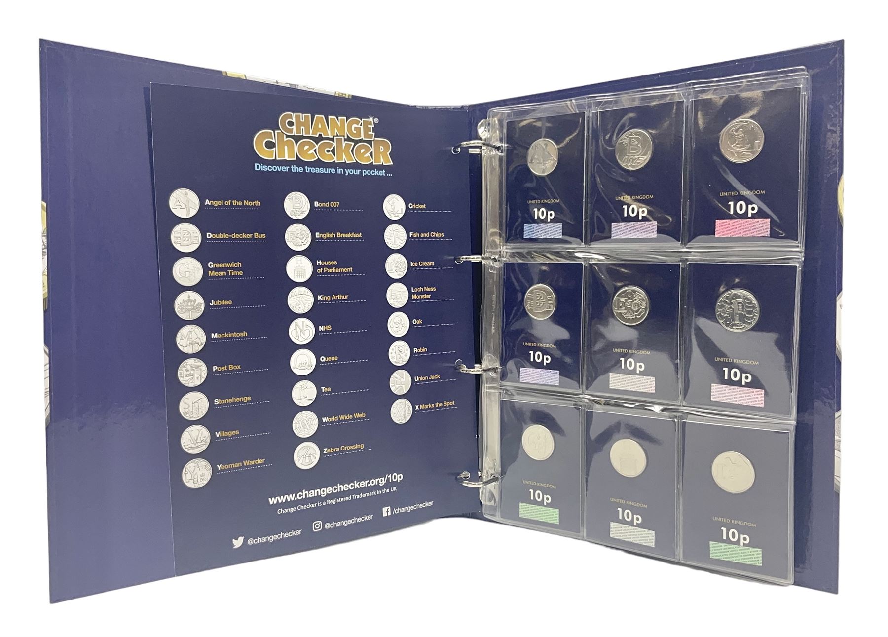 Queen Elizabeth II United Kingdom 2018 A-Z ten pence coin collection, including completer medallion, housed in a 'Change Checker' ring binder folder

