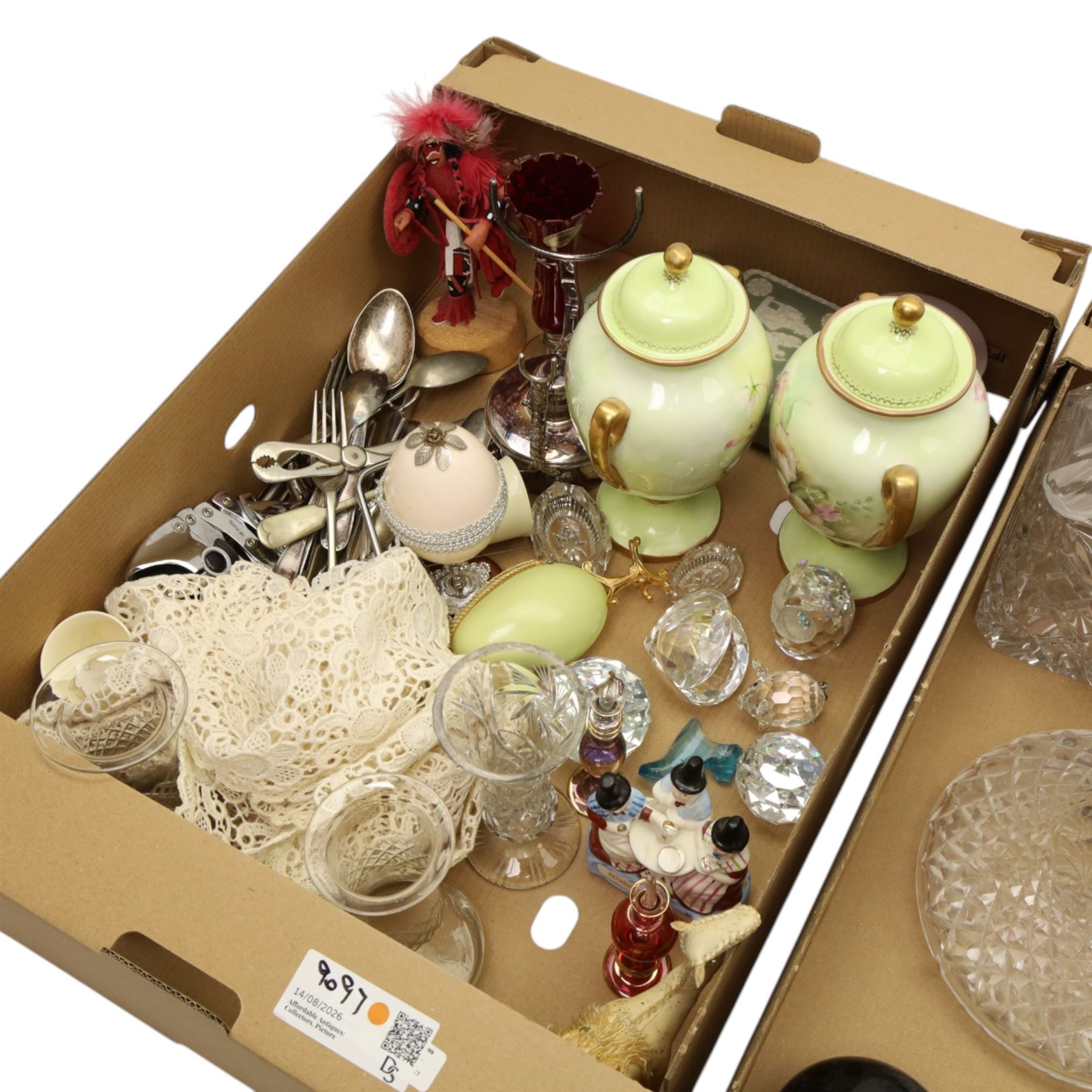 Keith Murray for Wedgwood - pair of tots decorated with weather vanes, assorted table glass, five Swarovski glass items, silver and plated decanter labels, plated brandy glass warmer etc in three boxes