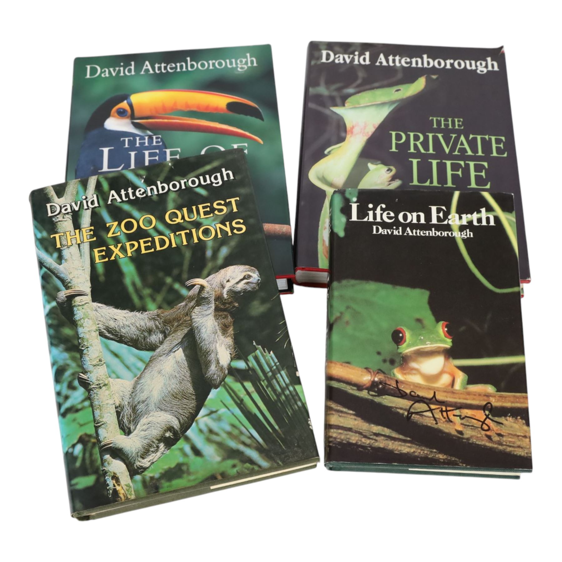 Four signed Sir David Attenborough books, comprising The Private Life of Plants, The Life of Birds, The Zoo Quest Expeditions and Life on Earth