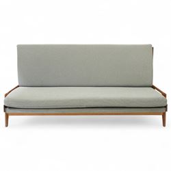 Gerard Guermonprez for Bobois - mid-century light teak sofa daybed, sides with angular teak wire sprung frame, integrated armrests with cut-out hand-holds, single fabric cushion back and seat, on out-swept tapered legs, circa 1955