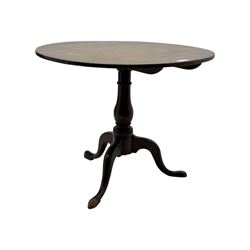 19th century mahogany tilt-top occasional table, circular top on a turned baluster column, raised on three splayed supports
