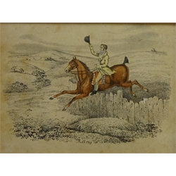  'Full Cry', 'Clearing a Fence' and 'Coming in at a Death', 19th/early 20th century engravings hand coloured and one other - 'In a Stable' 11cm  x 14cm (4)  