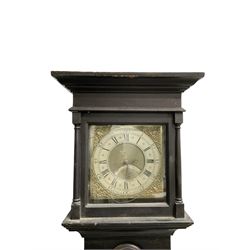William Coulton of York - 18th century 30-hour ebonised longcase clock, with a flat pediment, broad cornice and plain frieze beneath,, square hood door with attached pillars, long break arch trunk door and rectangular plinth,  matted dial centre with curved date aperture and cast spandrels, chapter ring with Roman numerals, five minute Arabic's, minute and inner quarter hour tracks, count wheel striking movement striking the hours on a bell. With pendulum and weight.