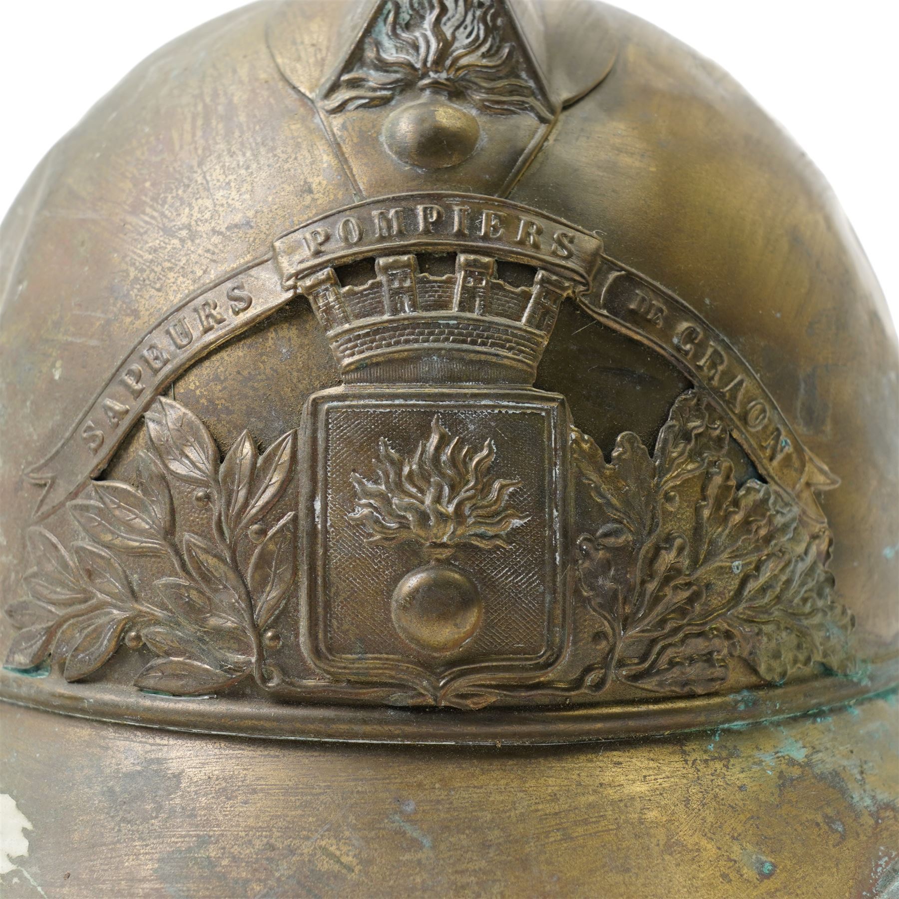 19th century French brass fireman's helmet inscribed 'Sapeurs Pompiers de Chaon'