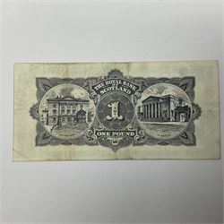 Irish and Scottish banknotes to include Bank of Ireland 5 January 1939 ‘B15’ one pound, two Bank of Scotland 1964 ‘AD07’ and ‘AF05’ one pound notes, one 1966 ‘CQ77’ one pound, and further notes from Clydesdale Bank, National Commercial Bank of Scotland Ltd. etc, housed in plastic sleeves