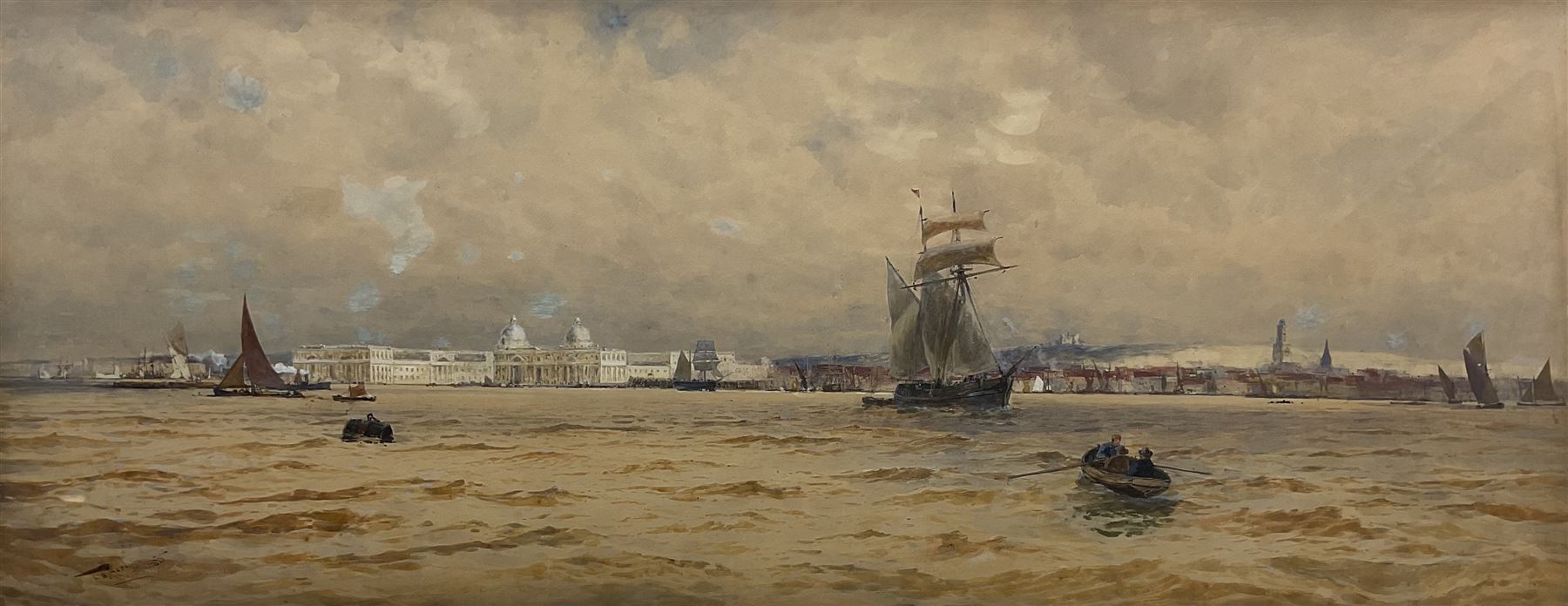Thomas Bush Hardy RA RBA (British 1842-1897): Shipping on the Thames at 'Greenwich', looking towards the Royal Naval College, watercolour signed titled and dated 1885, 39cm x 101cm