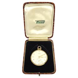 9ct gold open face keyless lever pocket watch by Tissot, silvered / cream dial with Arabic numerals and subsidiary seconds dial, case by Dennison, Birmingham 1958, cased