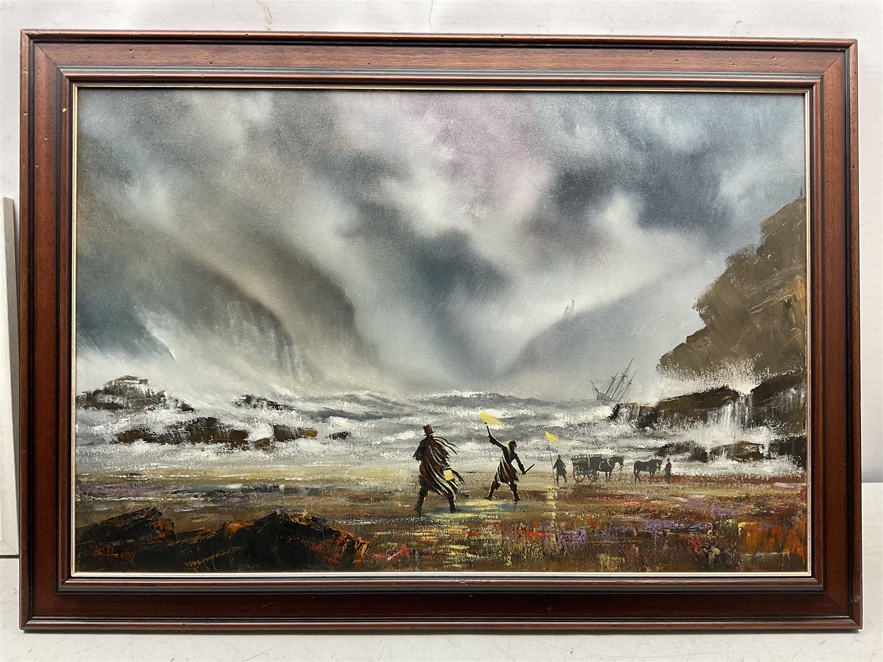 B Hadley? (British 20th century): Stormy Seas, oil on canvas indistinctly signed 50cm x 75cm 
Provenance: with the Penny Hedge Gallery Whitby, label verso