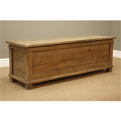  Planked rustic pine finish rectangular blanket box with hinged lid, W140cm, H48cm, D45cm  