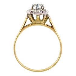 18ct gold oval cut aquamarine and round brilliant cut diamond cluster ring, London 1972