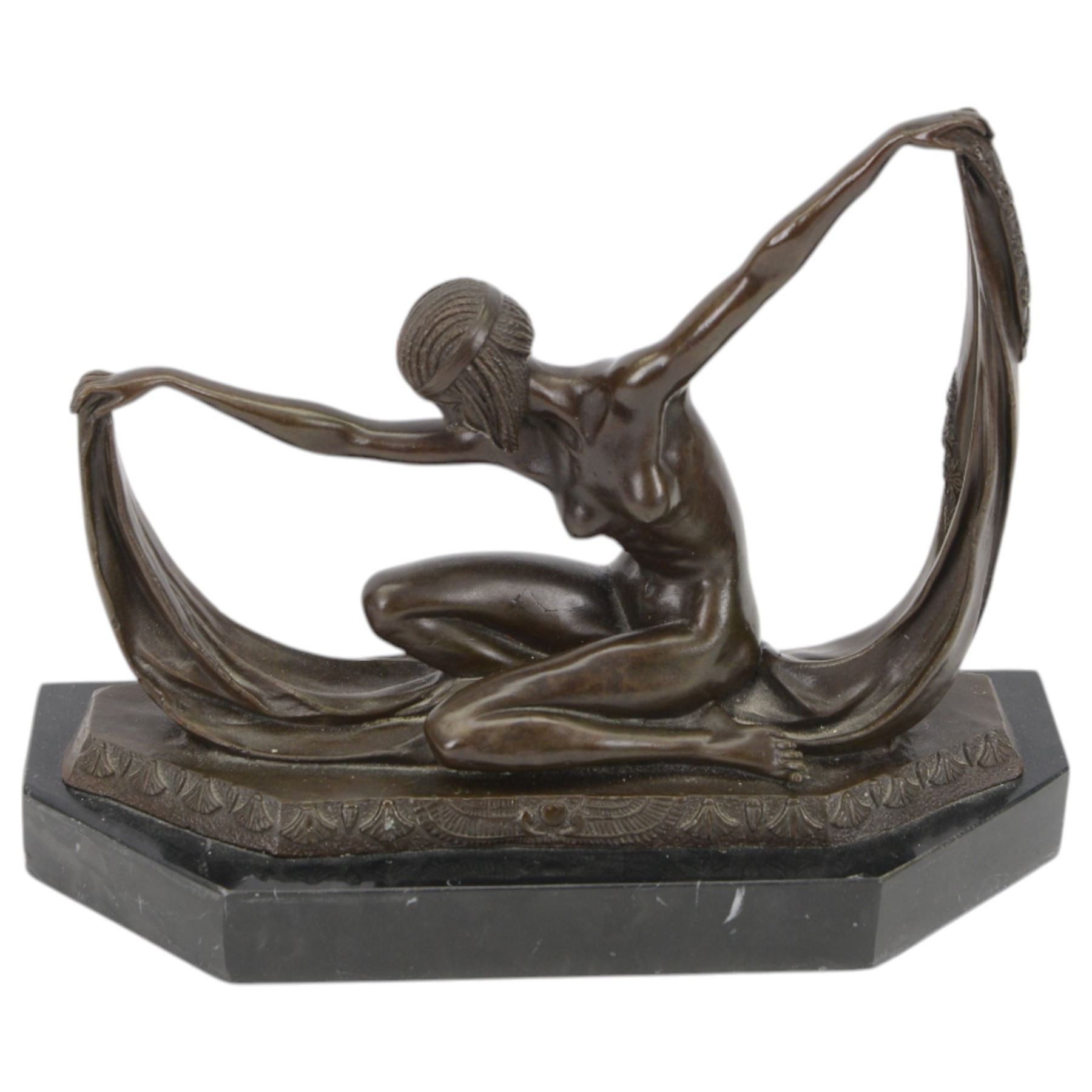Art Deco style bronze figure of an Egyptian female after Claude Mirval, with signature to base, upon a black marble plinth, H23cm