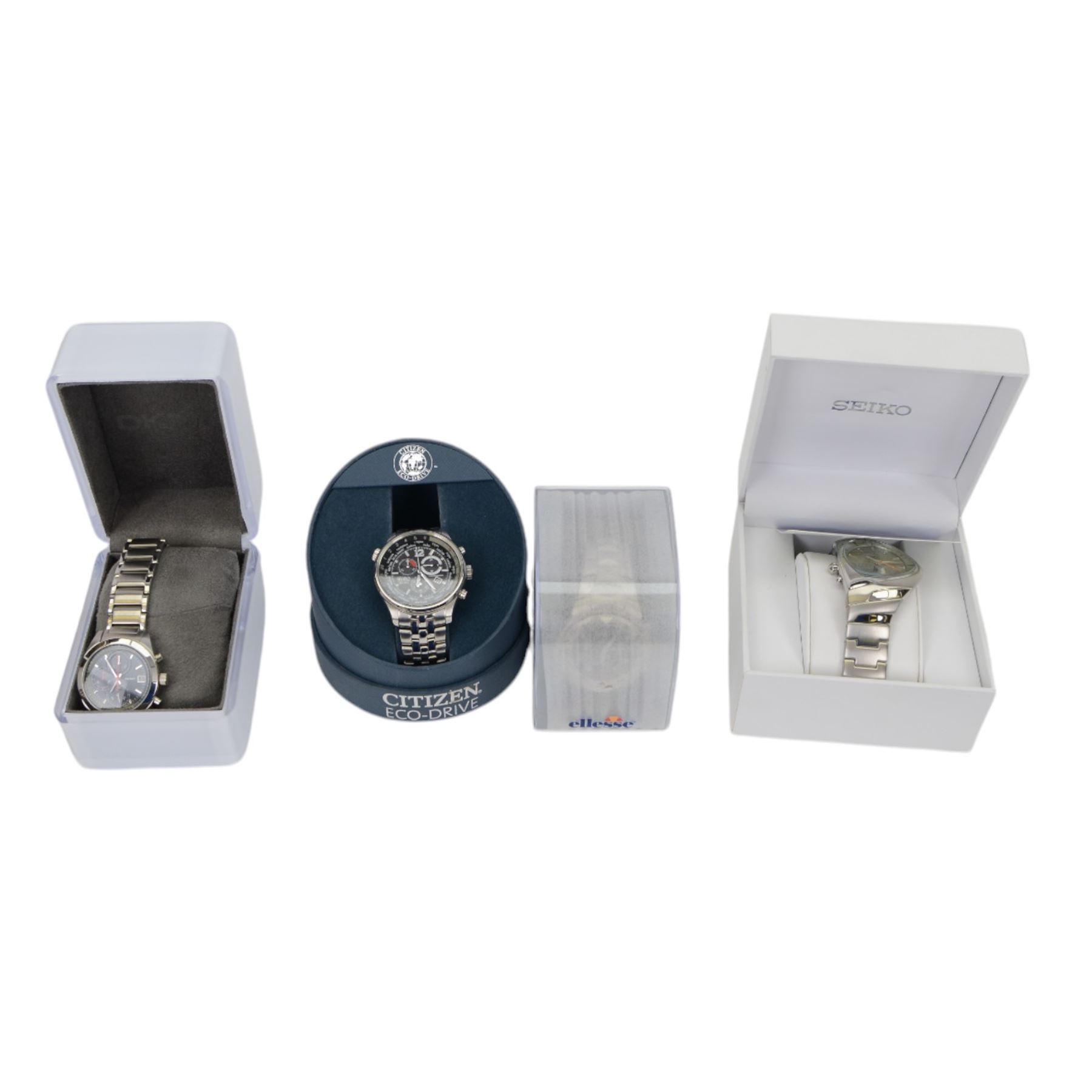 Collection of wristwatches including Seiko Kinetic, Citizen Eco-Drive, Rotary, DKNY, Emporio Armani, Sekonda, Lorus and Klaus-Kobec, silver dragon ring, other silver rings and two silver necklaces and a collection of costume jewellery