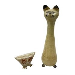 Studio pottery figure of an owl with indistinct mark beneath, together with a pottery figure of a cat of tall slender form, H34cm