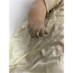 Seyfarth & Reinhardt composition head baby doll with moulded hair, sleeping flirty eyes, open mouth with one tooth and tongue and soft body with composition jointed limbs, marked 'SuR Germany 30/5' H47cm; together with a Golborne Dolls 'Golborne Beauty' composition head and body bride doll, marked 'F.P.23' in original box H63cm (2)