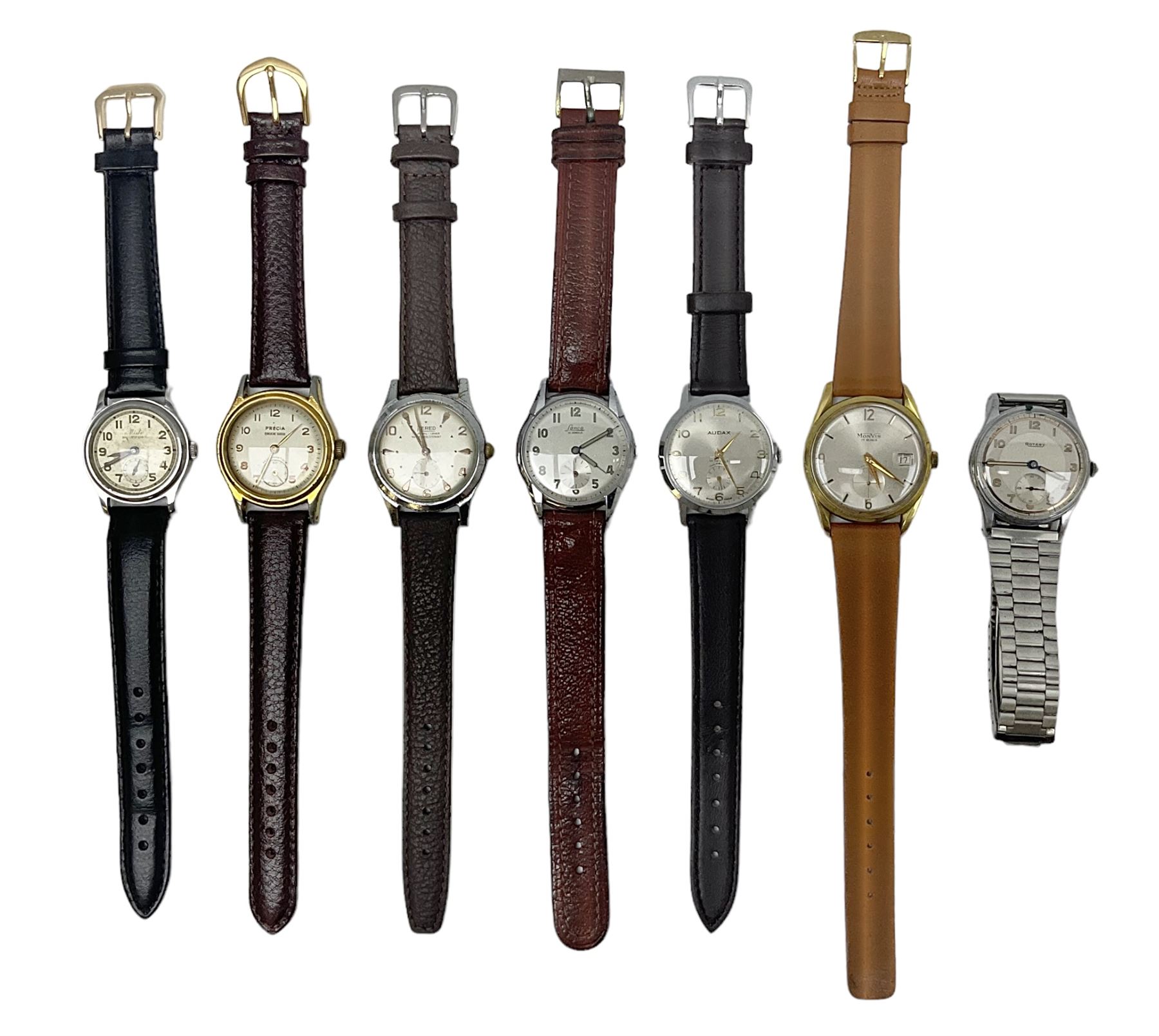 Seven manual wind wristwatches including Audax, Kered, Lanco, Rotary, MonVis, Precia and Mido Multifort, all with subsidiary seconds dials (7) 