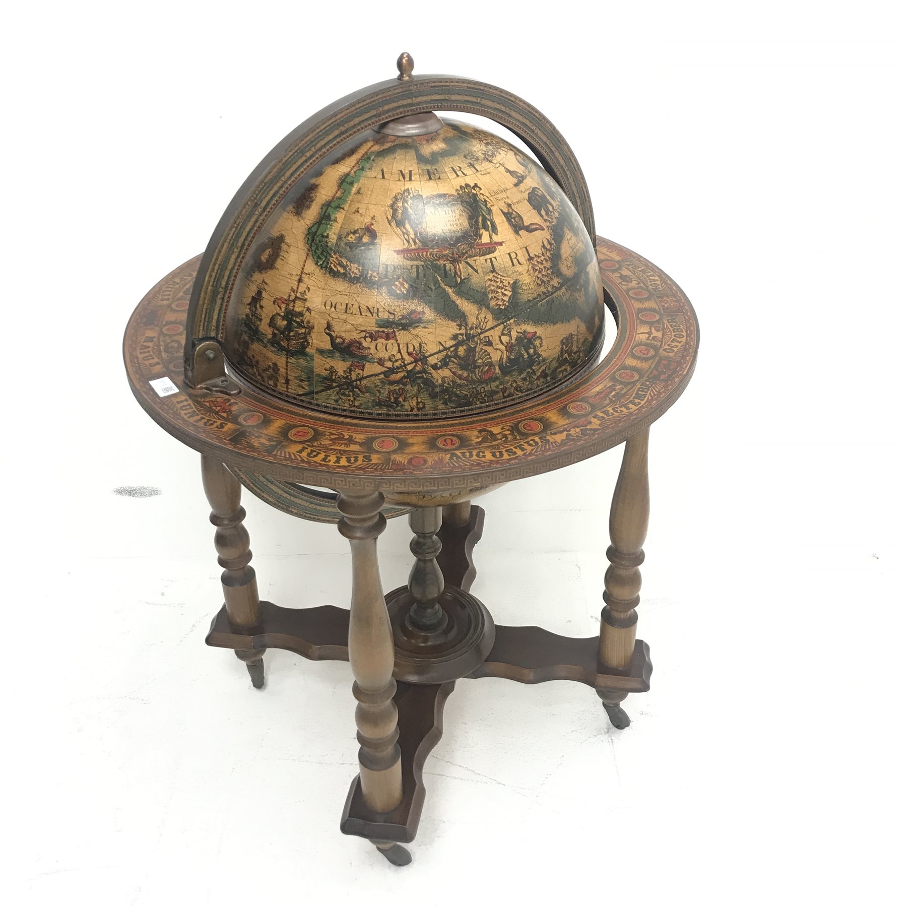 Globe drinks cabinet, turned supports joined by shaped stretchers, D74cm, H105cm