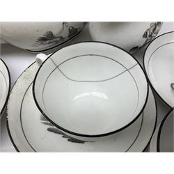 Early 19th century Staffordshire bat printed part tea service, decorated in black after Adam Buck with scenes of mother and child and other varying classical style scenes, within black bands, comprising teapot, slop bowl, jug, seven teacups and five saucers 