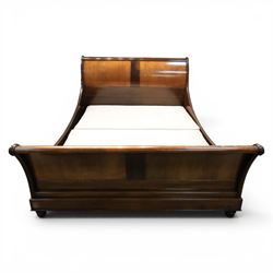 And So To Bed - 5' king size 'Palais' cherry wood sleigh bed, the cylindrical rolled head and foot rails over panelled boards with darker crossbanded detail, shaped scroll ends and moulded plinth base, with Vi-Spring divan base