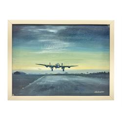 John Larder (20th century) - study of Lancaster bombers landing on a runway at dusk, oil painting on canvas board, 37 x 51cm, white frame