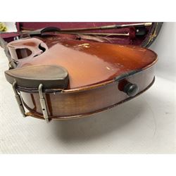 German trade violin 1950s with 36cm two-piece maple back and ribs and spruce top, bears label 'Johann Stainer in Absam prope Oenipontum 1650' L59cm; in carrying case with bow impressed Tourte