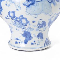 19th century Chinese blue and white jar, of pronounced baluster form, decorated in the Hundred Boys design, with numerous children at play, H23cm

The hundred boys design was a popular theme in Chinese Art employed from the Song period onwards. It expresses the desire to continue the family through male heirs and the performance of filial duties