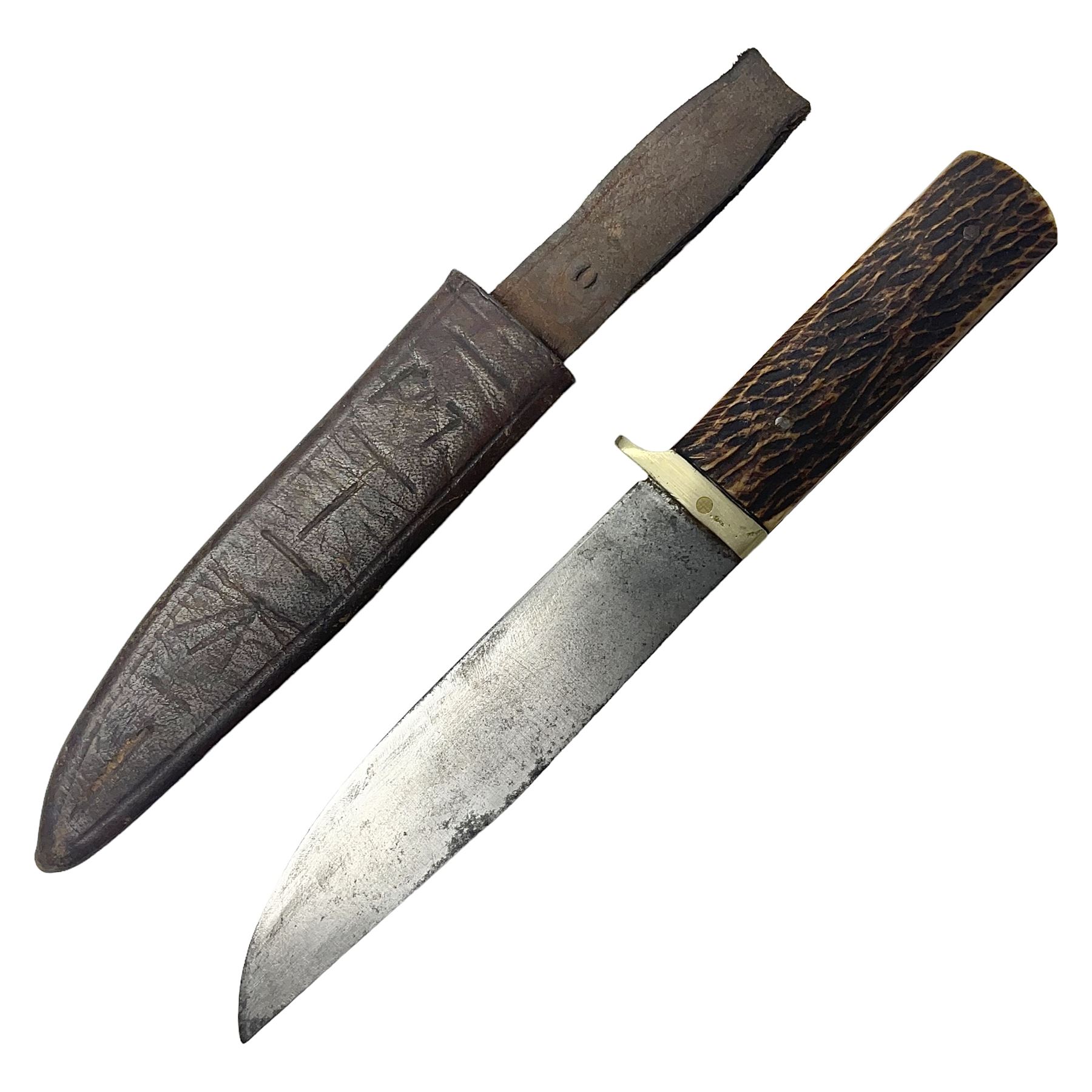 WW2 fighting knife, the 13cm blade by Priestman of Sheffield marked with scout and camp fire motif; two piece antler grip; in leather sheath crudely marked R.T. with a broad arrow L23cm overall Auctioneers Note: By family descent this knife was reputedly presented to Richard Towse during WW2 for guarding a group of POWs.