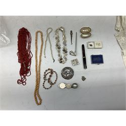 Assorted collectables, to include three WWII medals, Vintage rotary wristwatch, small group of costume jewellery, selection of silver plated flatware, small group of first day covers, christening gowns, glassware, etc., in one box 