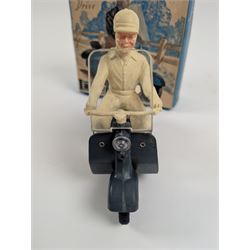Mettoy friction drive Lambretta scooter no. 8134, the blue plastic scooter with cream handlebars and clear windshield, the rider with cream hat and clothing, stamped MTY 143 to front mud guards, in original box