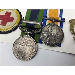 George V India General Service Medal with Afghanistan N.W.F. 1919 clasp and WW1 British War Medal awarded to 79561 Pte. R.D. Rowbottom R.A.M.C.; both with ribbons; card mounted with cap badge and Medical Corps cloth badge