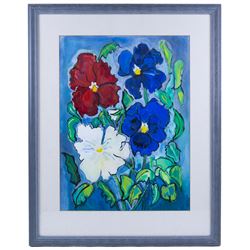 Clodagh McGuinness (Irish Contemporary): Still Life of Flowers, three large mixed media works variously signed, two 70cm x 52cm, smaller example 54cm x 40cm (3)