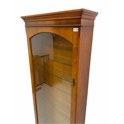 Georgian design yew wood narrow display cabinet, fitted with single bevelled glass door, illuminated interior