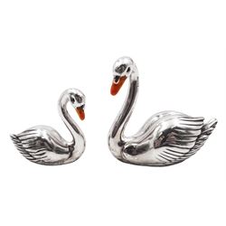 Two silver miniatures modelled as swans, with enamel beaks, hallmarked Mark Houghton Ltd, Sheffield import mark, max H4cm, approximate total silver weight 1.31 ozt (40.6 grams)