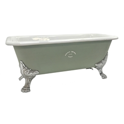  French cast iron roll top bath by L'Hygiene Moderne Depose Paris, with central plug hole and on chromed loins paw acanthus feet, L173cm, W84, H72cm   
