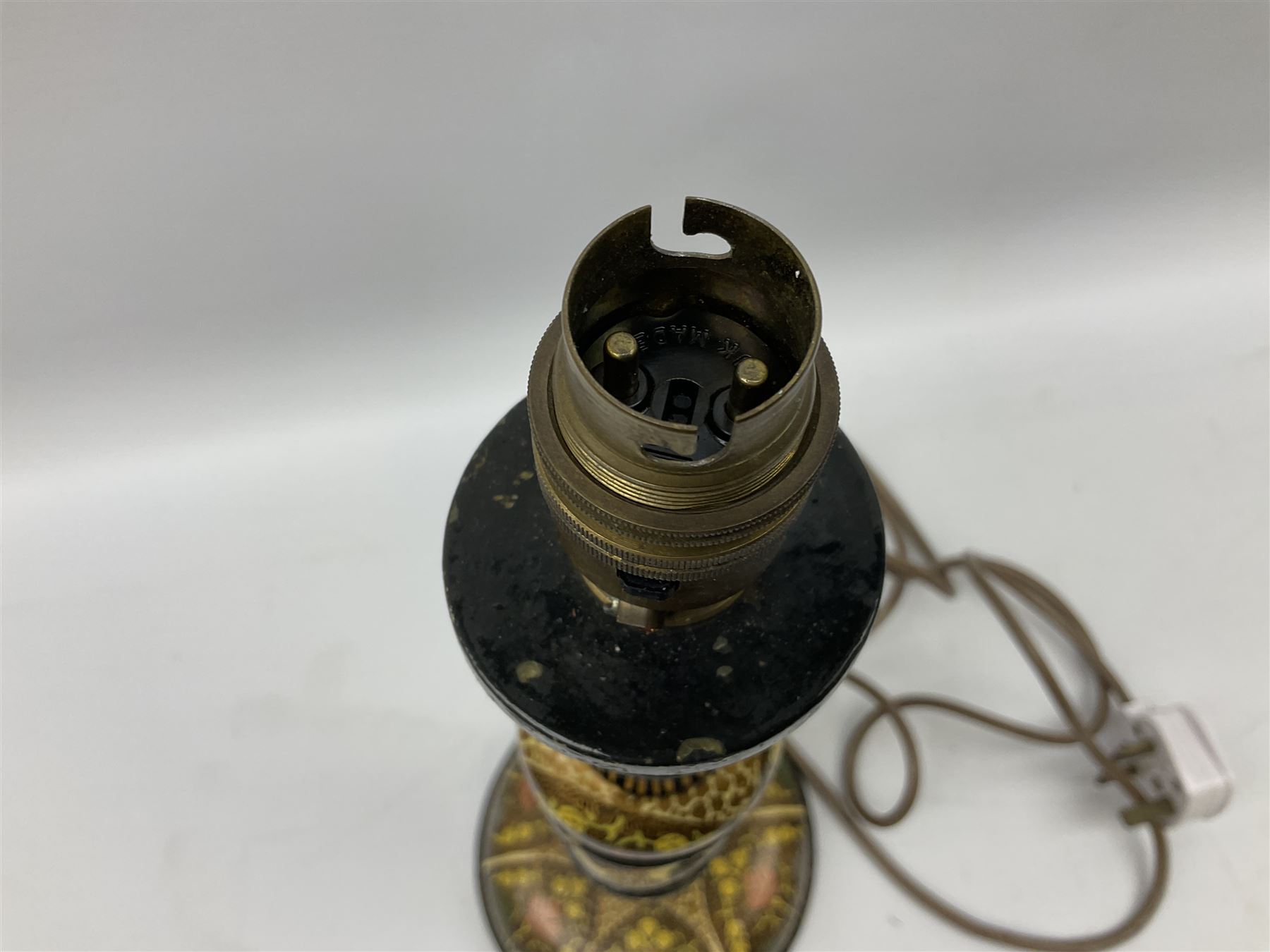  Kashmiri papier mache table lamp, open spiral twist column decorated with flowers, on a turned base,  H43cm