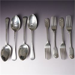 Four Victorian silver dessert spoons engraved with initials Exeter 1877 Maker Josiah Willi...