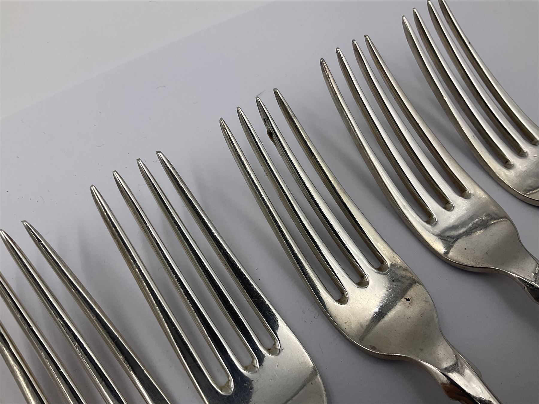 George IV Scottish silver Kings pattern cutlery for six place settings, to include table spoons, table forks, dessert spoons and dessert forks, all engraved with shamrock crest to terminal, hallmarked Robert Gray & Son, Glasgow 1833
