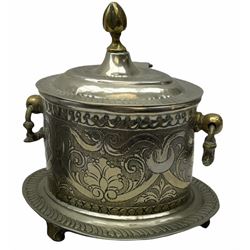 Two Georgian silver toddy ladles with baleen twist handles, (neither hallmarked), one with inset coin to bowl, together with a group of silver plate including cruet stand enclosing two glass bottles with stoppers, shaker and preserve pot with spoon, pair open salts with glass liners, etc. 