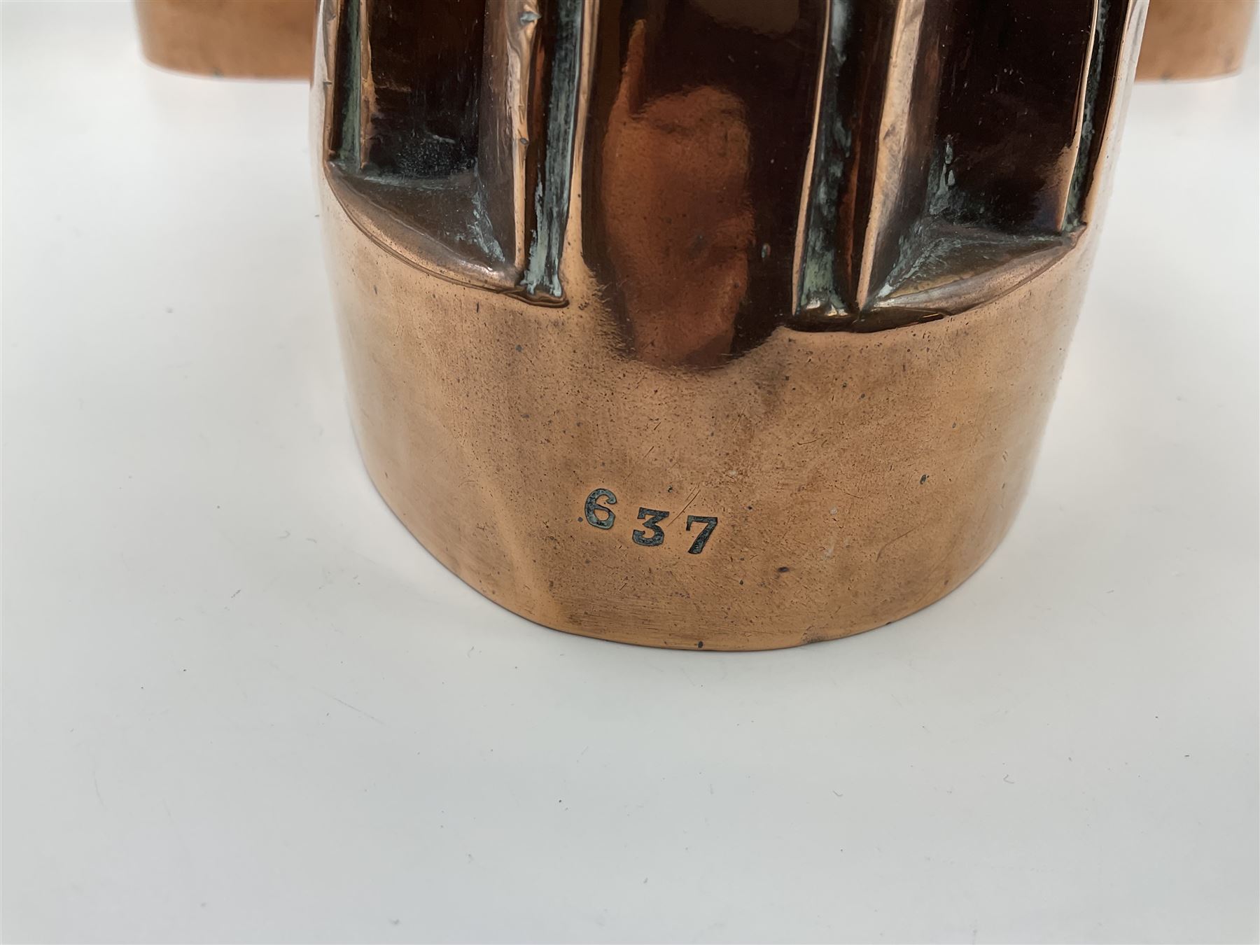 Five Victorian copper jelly mould, largest H10cm, L16cm