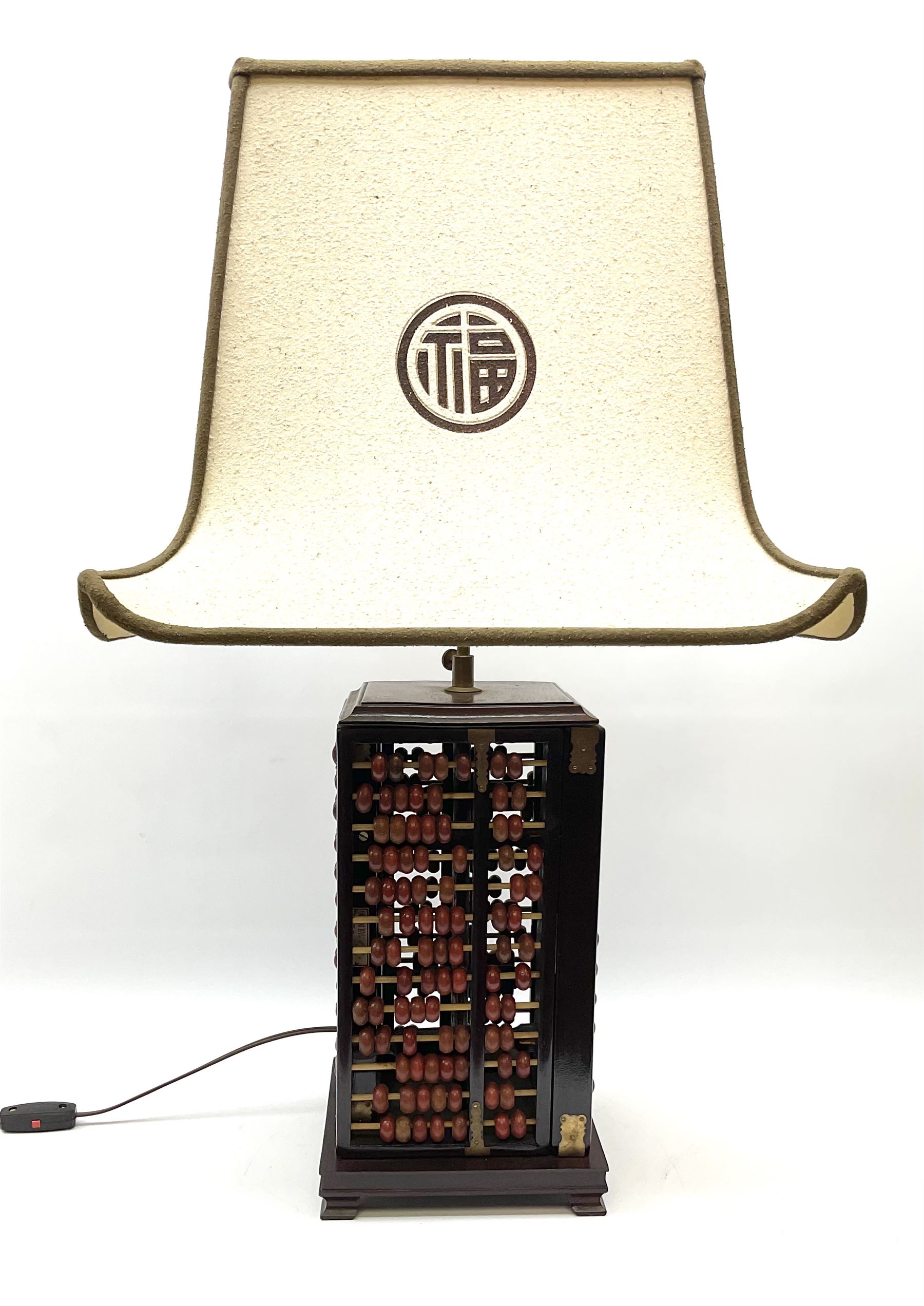 Vintage Chinese abacus table lamp, with double light fitting, and cream fabric shade decorated with characters, overall H73cm